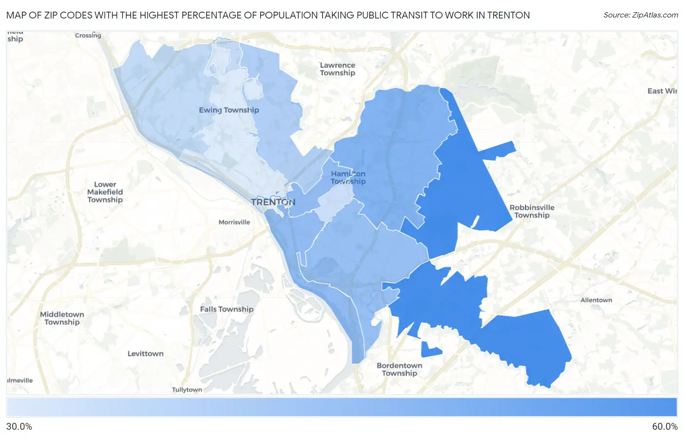 Zip Codes with the Highest Percentage of Population Taking Public Transit to Work in Trenton Map