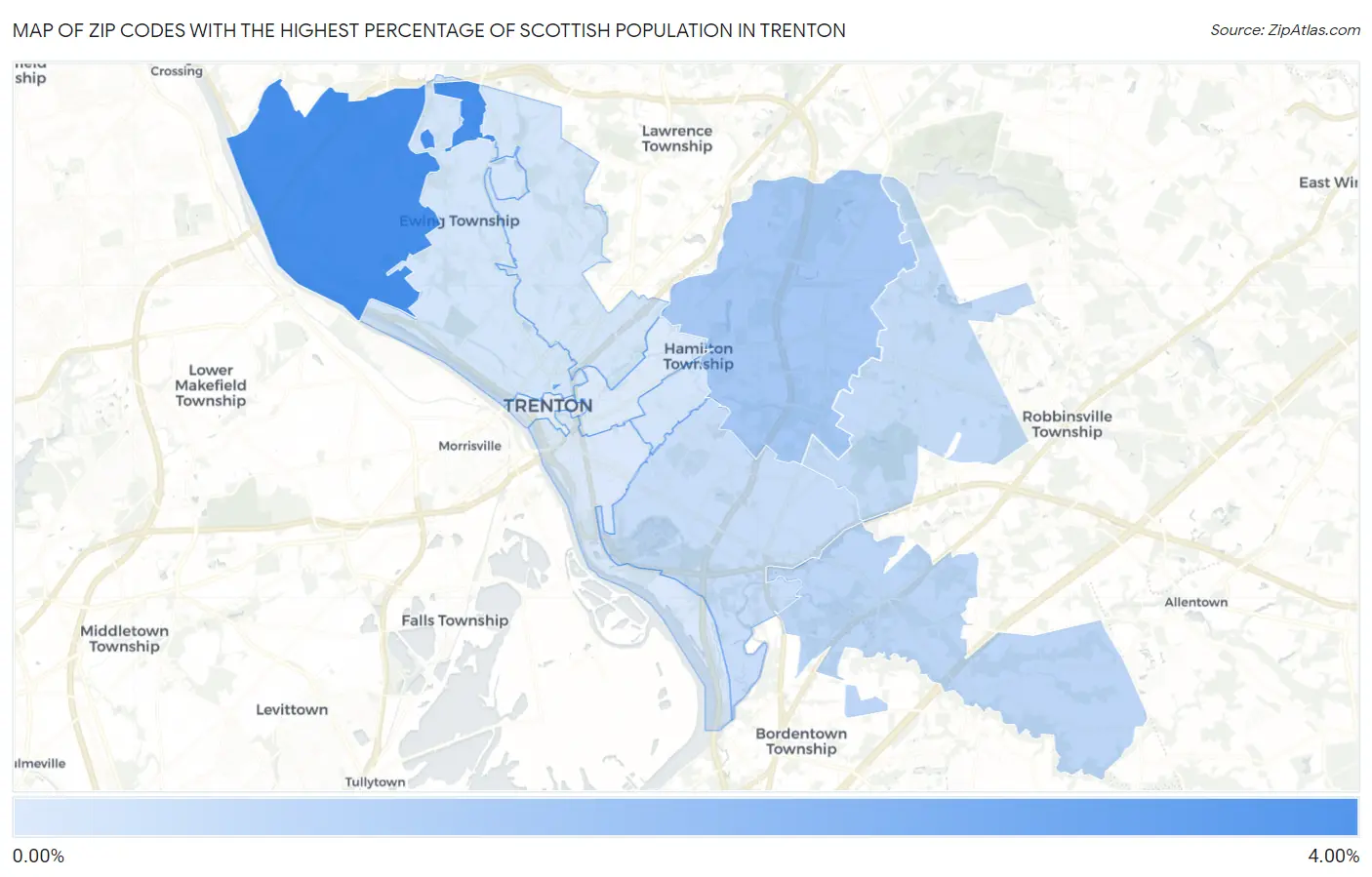 Zip Codes with the Highest Percentage of Scottish Population in Trenton Map