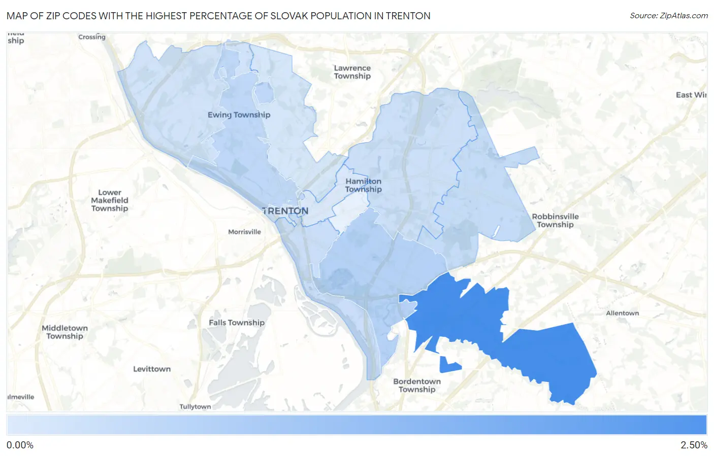 Zip Codes with the Highest Percentage of Slovak Population in Trenton Map