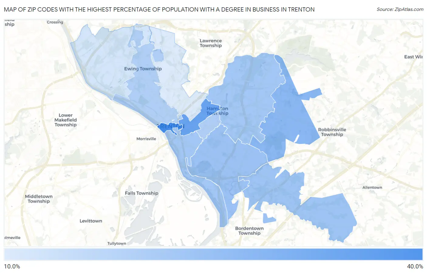 Zip Codes with the Highest Percentage of Population with a Degree in Business in Trenton Map