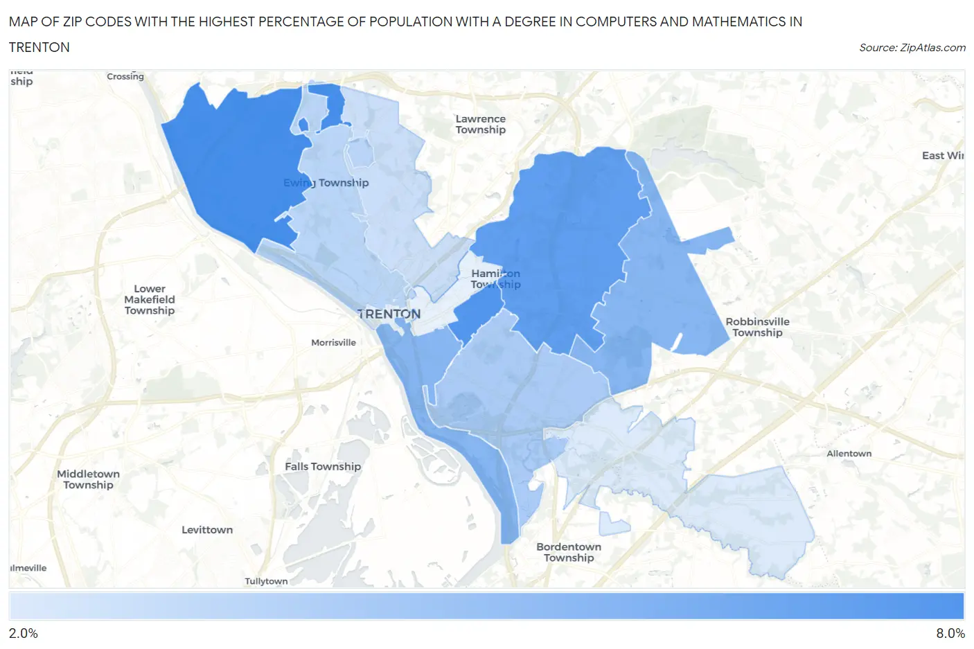 Zip Codes with the Highest Percentage of Population with a Degree in Computers and Mathematics in Trenton Map