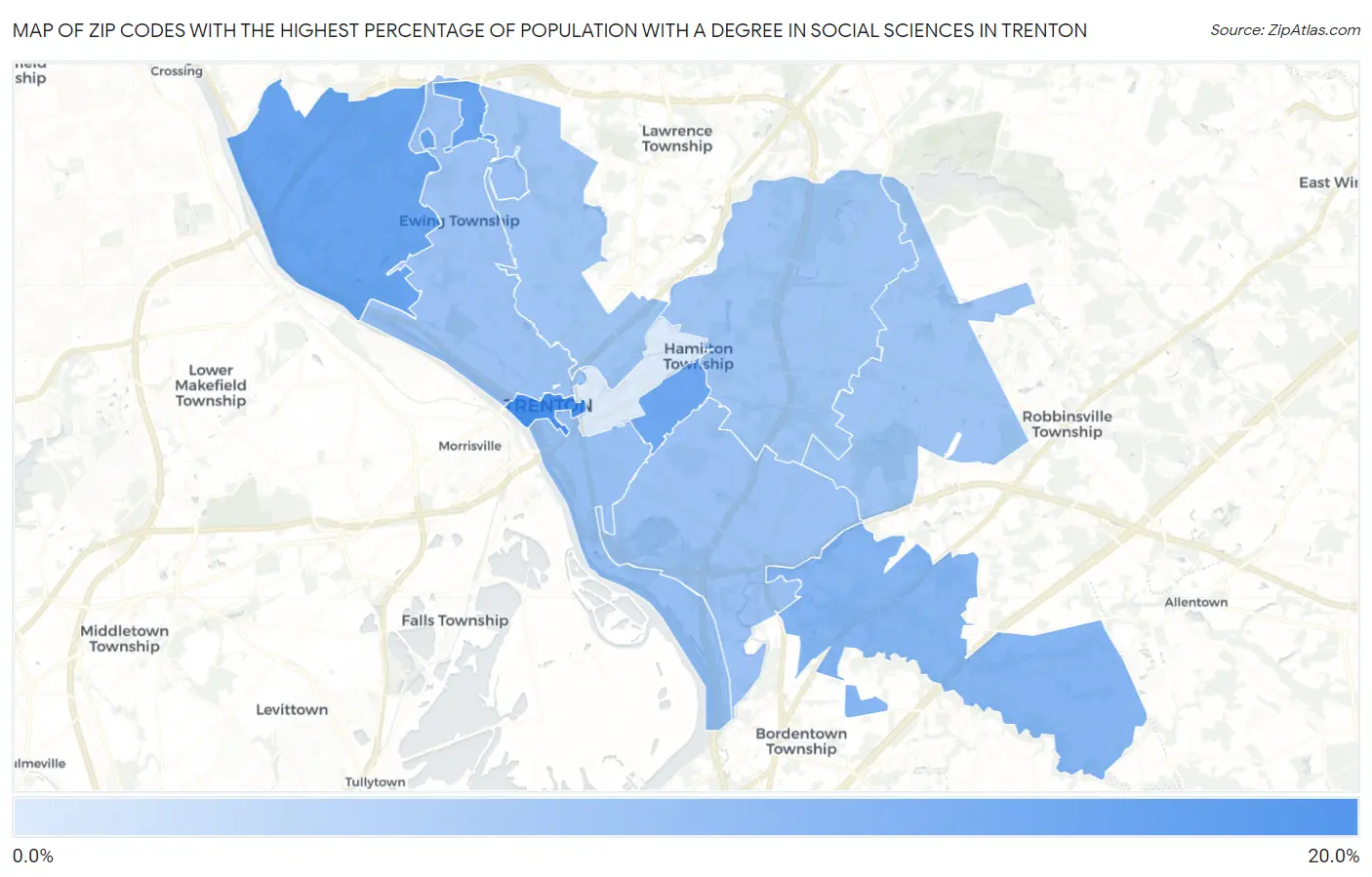 Zip Codes with the Highest Percentage of Population with a Degree in Social Sciences in Trenton Map