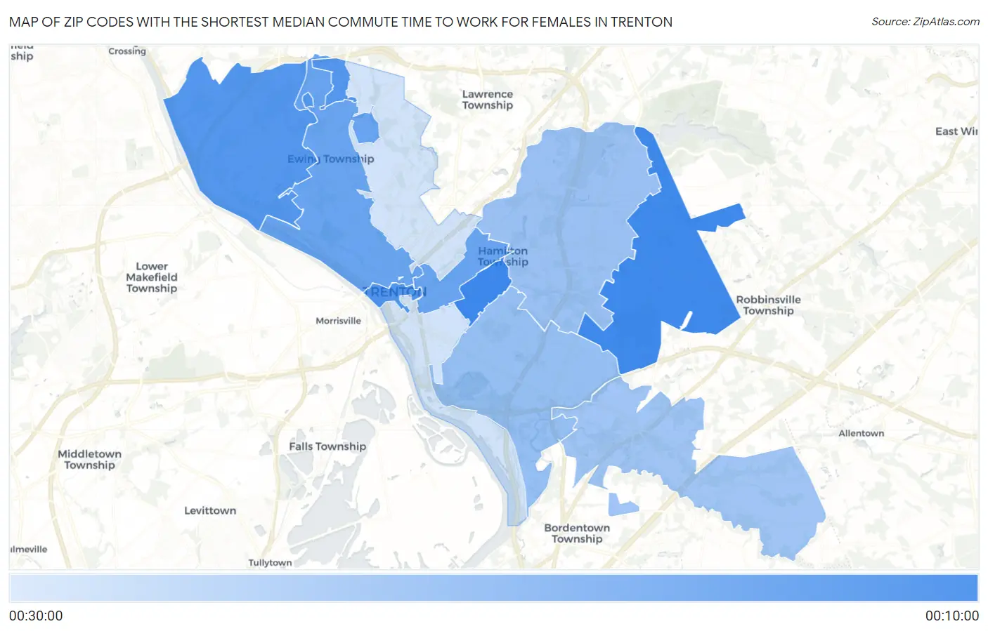 Zip Codes with the Shortest Median Commute Time to Work for Females in Trenton Map