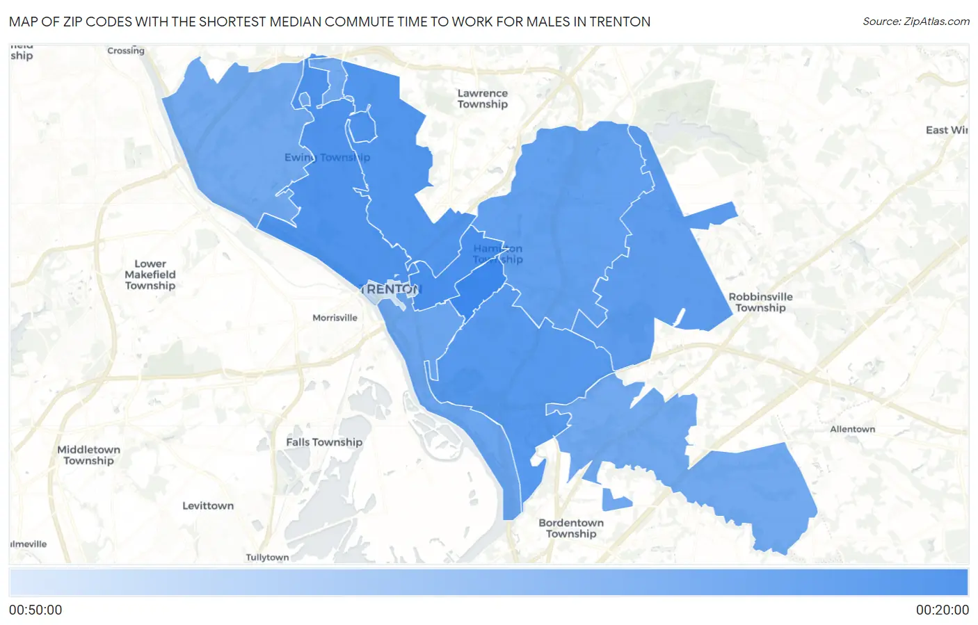 Zip Codes with the Shortest Median Commute Time to Work for Males in Trenton Map