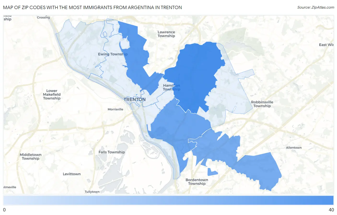 Zip Codes with the Most Immigrants from Argentina in Trenton Map