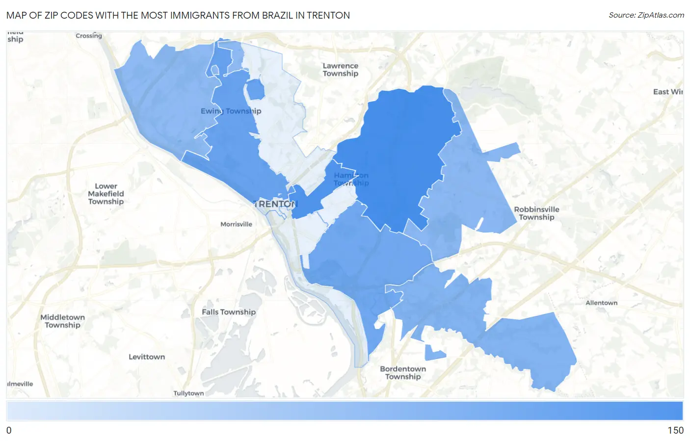 Zip Codes with the Most Immigrants from Brazil in Trenton Map