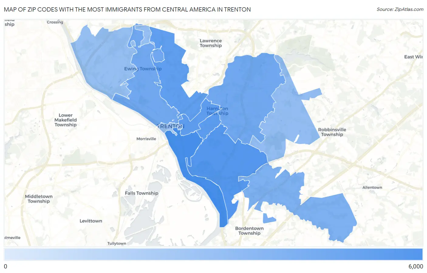 Zip Codes with the Most Immigrants from Central America in Trenton Map