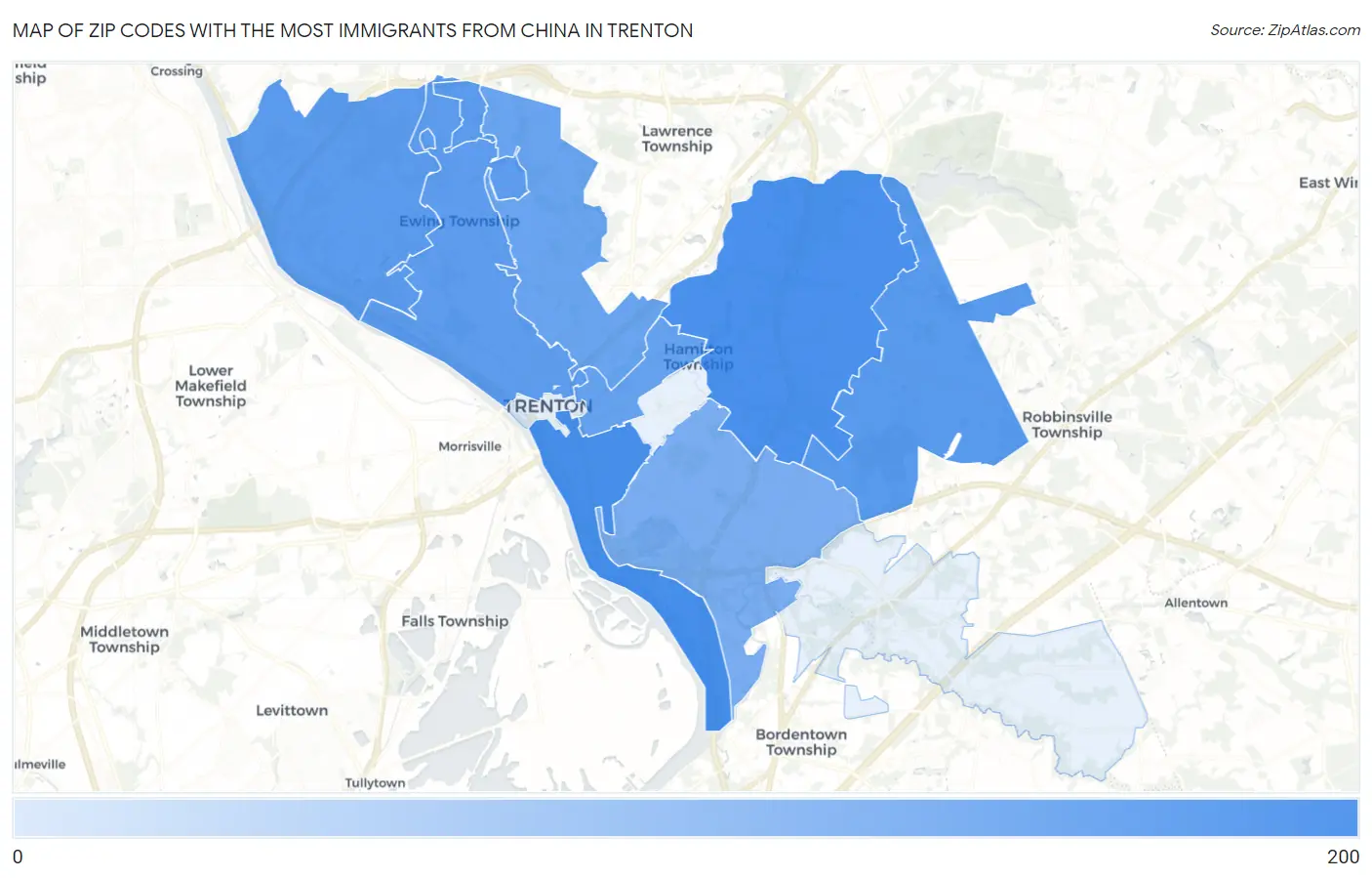 Zip Codes with the Most Immigrants from China in Trenton Map