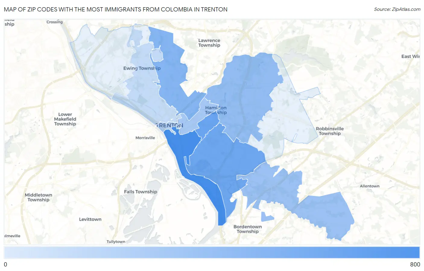 Zip Codes with the Most Immigrants from Colombia in Trenton Map