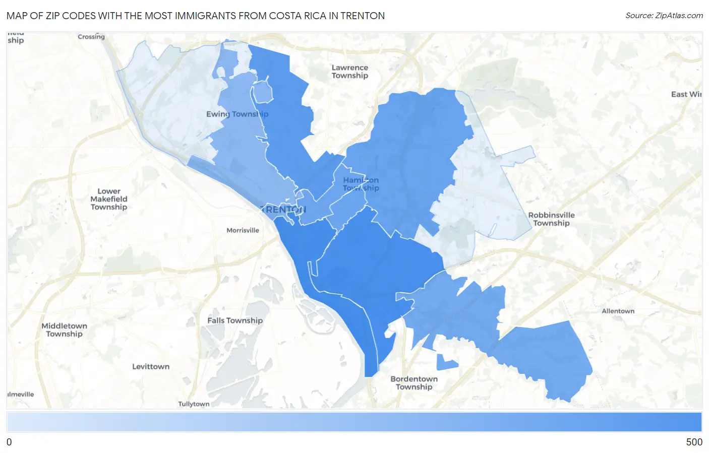 Zip Codes with the Most Immigrants from Costa Rica in Trenton Map