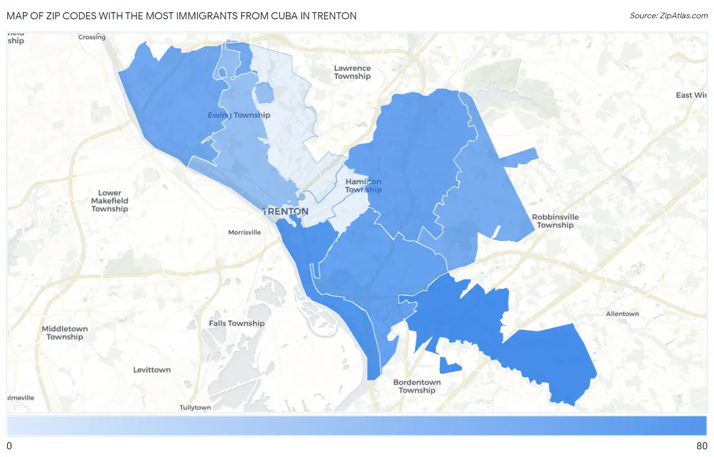 Zip Codes with the Most Immigrants from Cuba in Trenton Map