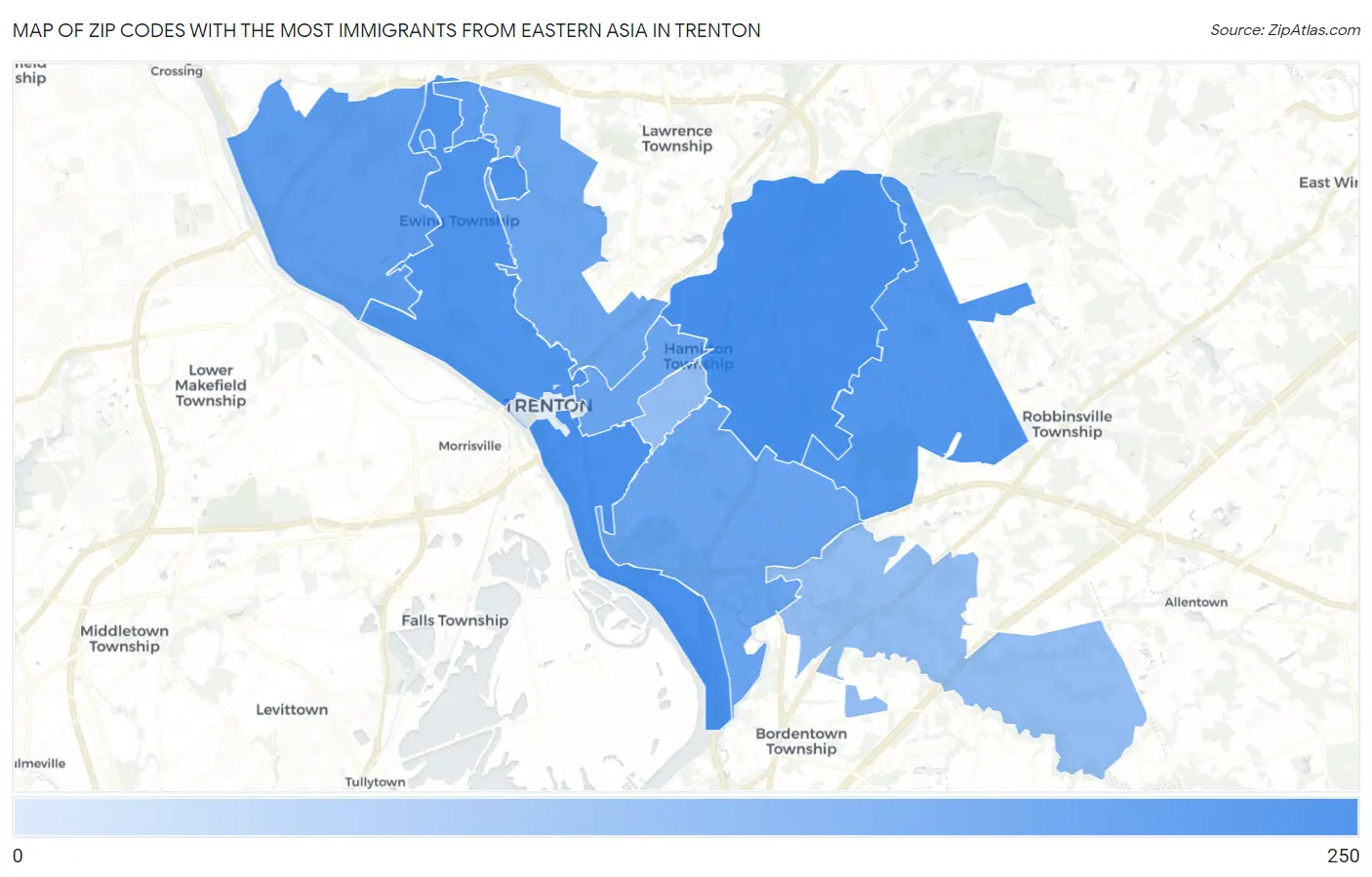 Zip Codes with the Most Immigrants from Eastern Asia in Trenton Map