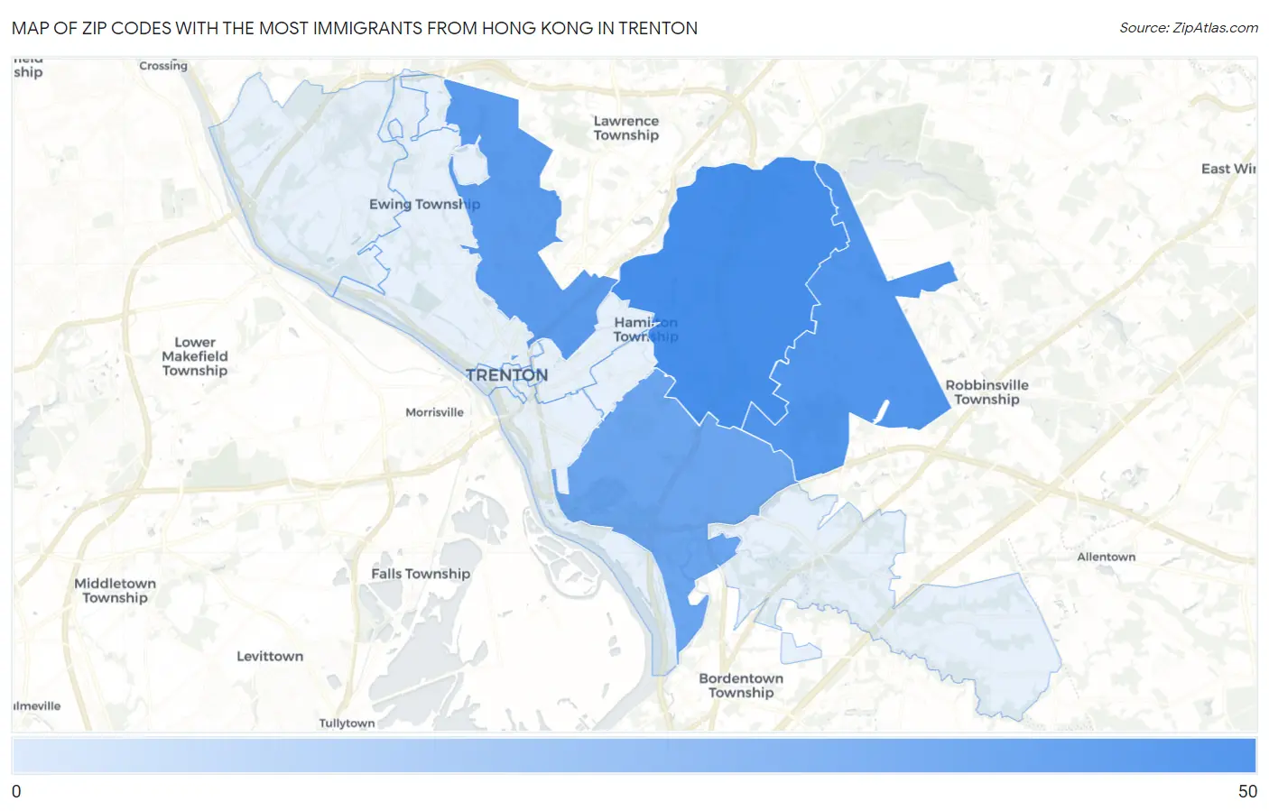 Zip Codes with the Most Immigrants from Hong Kong in Trenton Map