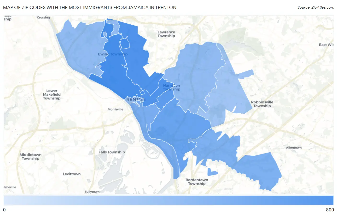 Zip Codes with the Most Immigrants from Jamaica in Trenton Map