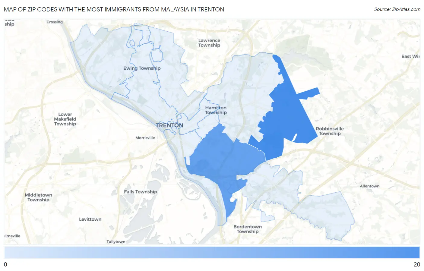 Zip Codes with the Most Immigrants from Malaysia in Trenton Map