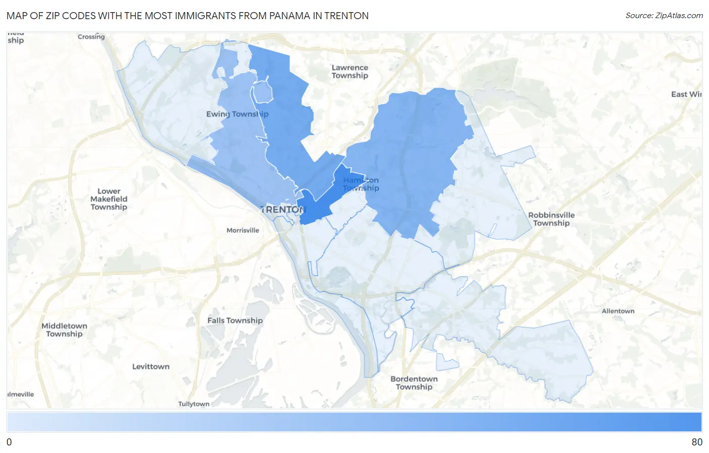 Zip Codes with the Most Immigrants from Panama in Trenton Map