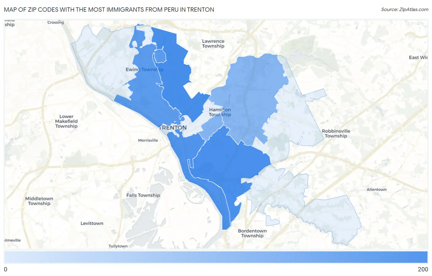 Zip Codes with the Most Immigrants from Peru in Trenton Map
