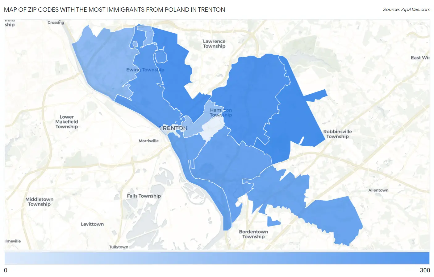 Zip Codes with the Most Immigrants from Poland in Trenton Map