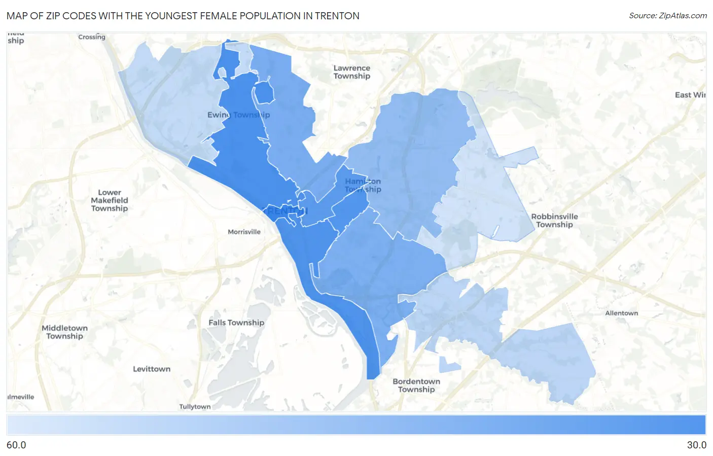 Zip Codes with the Youngest Female Population in Trenton Map