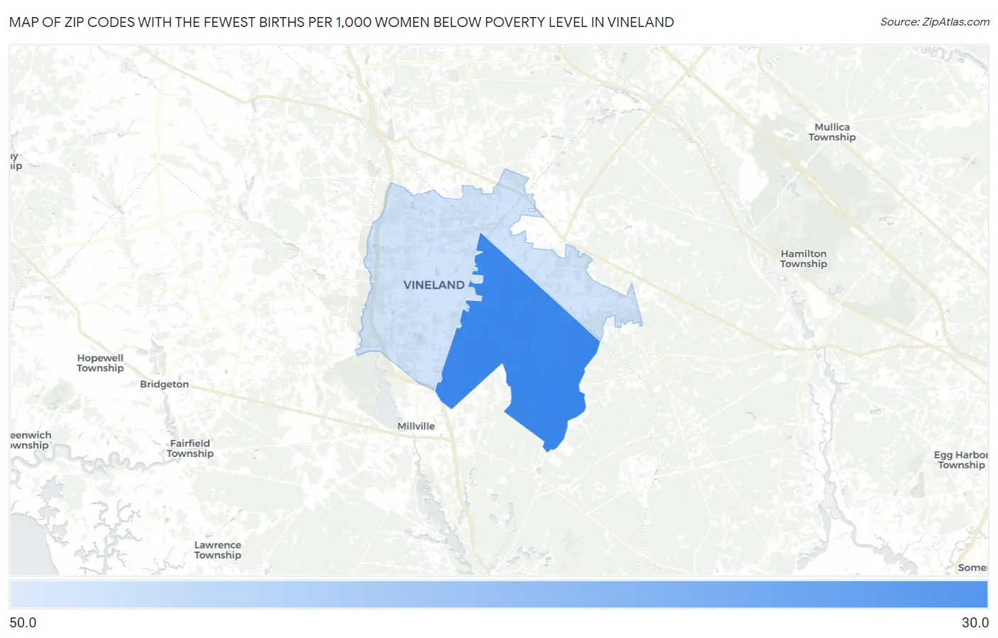 Zip Codes with the Fewest Births per 1,000 Women Below Poverty Level in Vineland Map