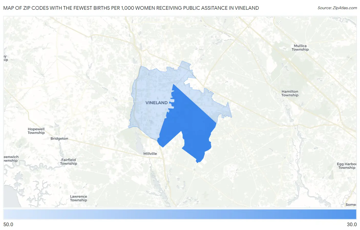 Zip Codes with the Fewest Births per 1,000 Women Receiving Public Assitance in Vineland Map