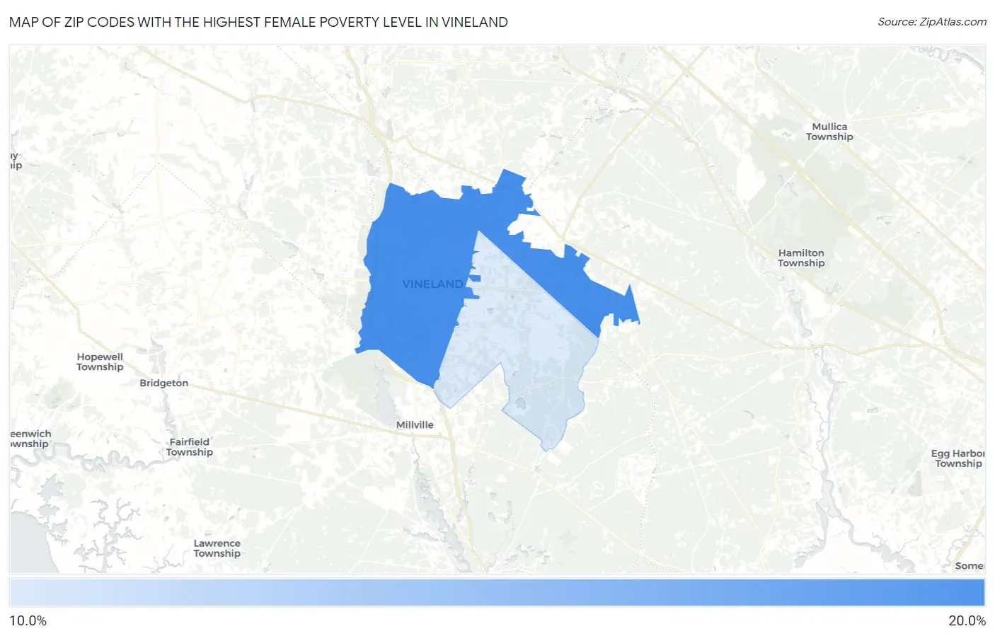 Zip Codes with the Highest Female Poverty Level in Vineland Map