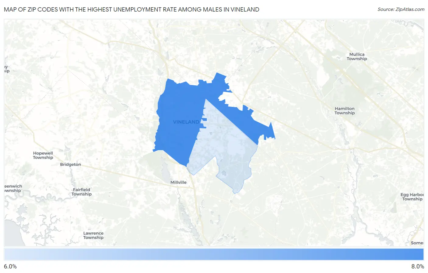 Zip Codes with the Highest Unemployment Rate Among Males in Vineland Map