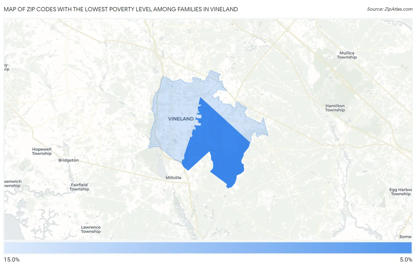 Zip Codes with the Lowest Poverty Level Among Families in Vineland Map