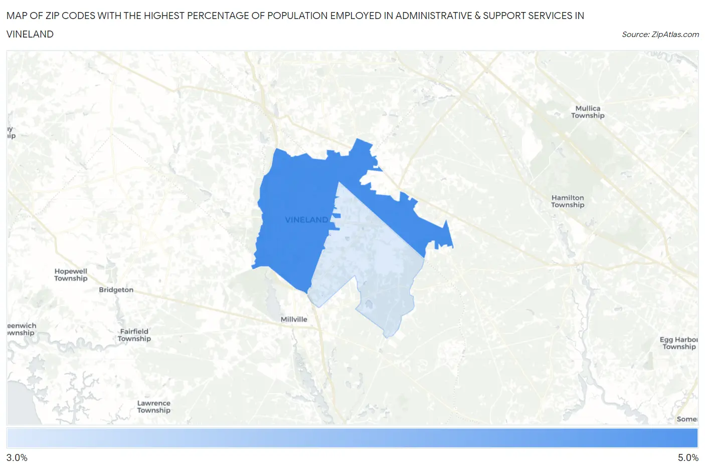 Zip Codes with the Highest Percentage of Population Employed in Administrative & Support Services in Vineland Map