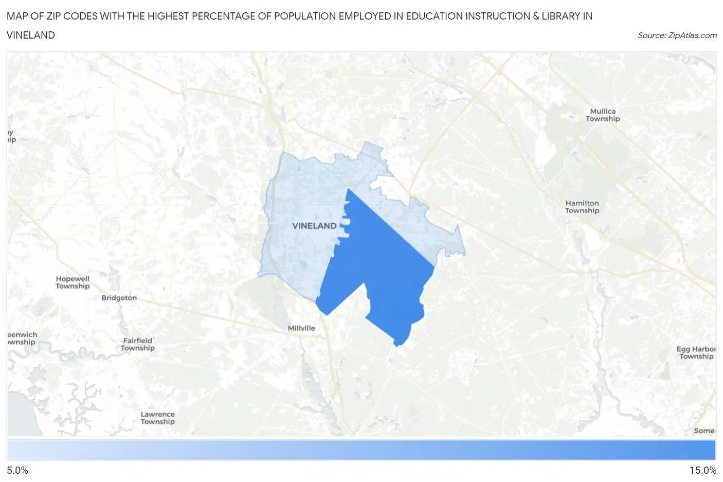 Zip Codes with the Highest Percentage of Population Employed in Education Instruction & Library in Vineland Map
