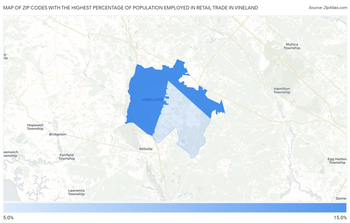 Zip Codes with the Highest Percentage of Population Employed in Retail Trade in Vineland Map