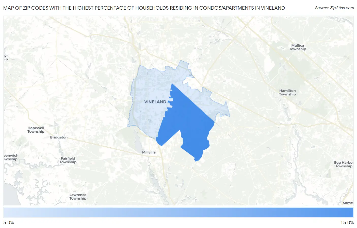 Zip Codes with the Highest Percentage of Households Residing in Condos/Apartments in Vineland Map