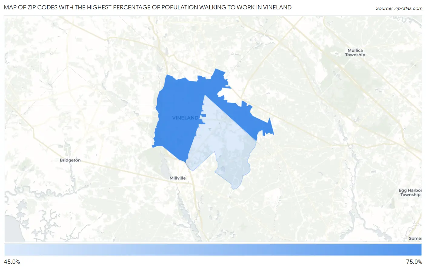 Zip Codes with the Highest Percentage of Population Walking to Work in Vineland Map