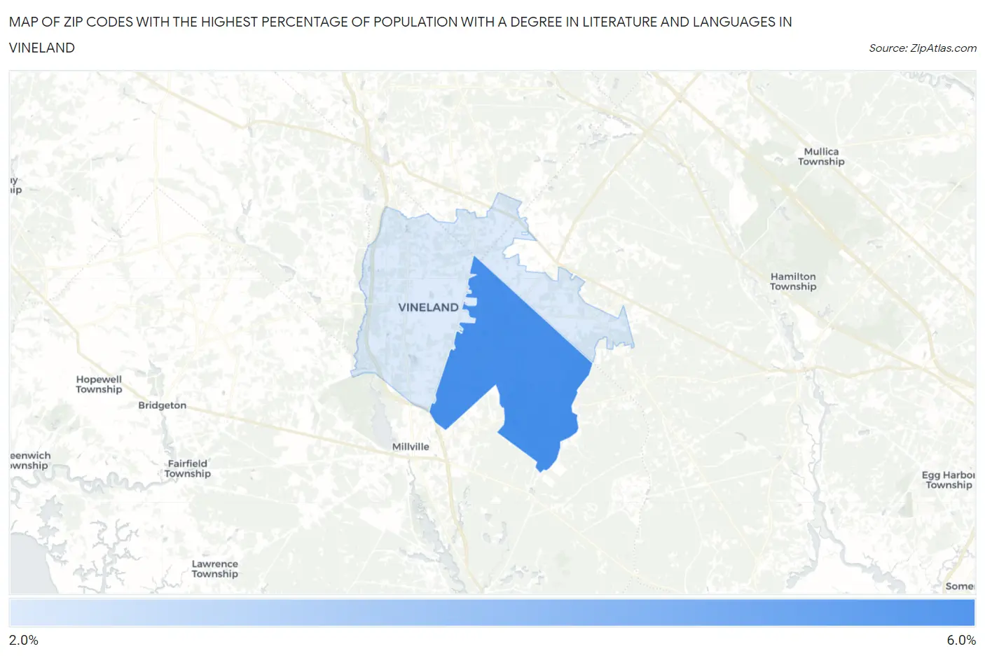 Zip Codes with the Highest Percentage of Population with a Degree in Literature and Languages in Vineland Map