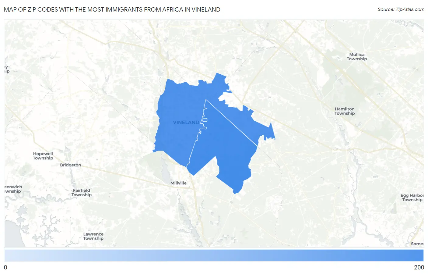Zip Codes with the Most Immigrants from Africa in Vineland Map