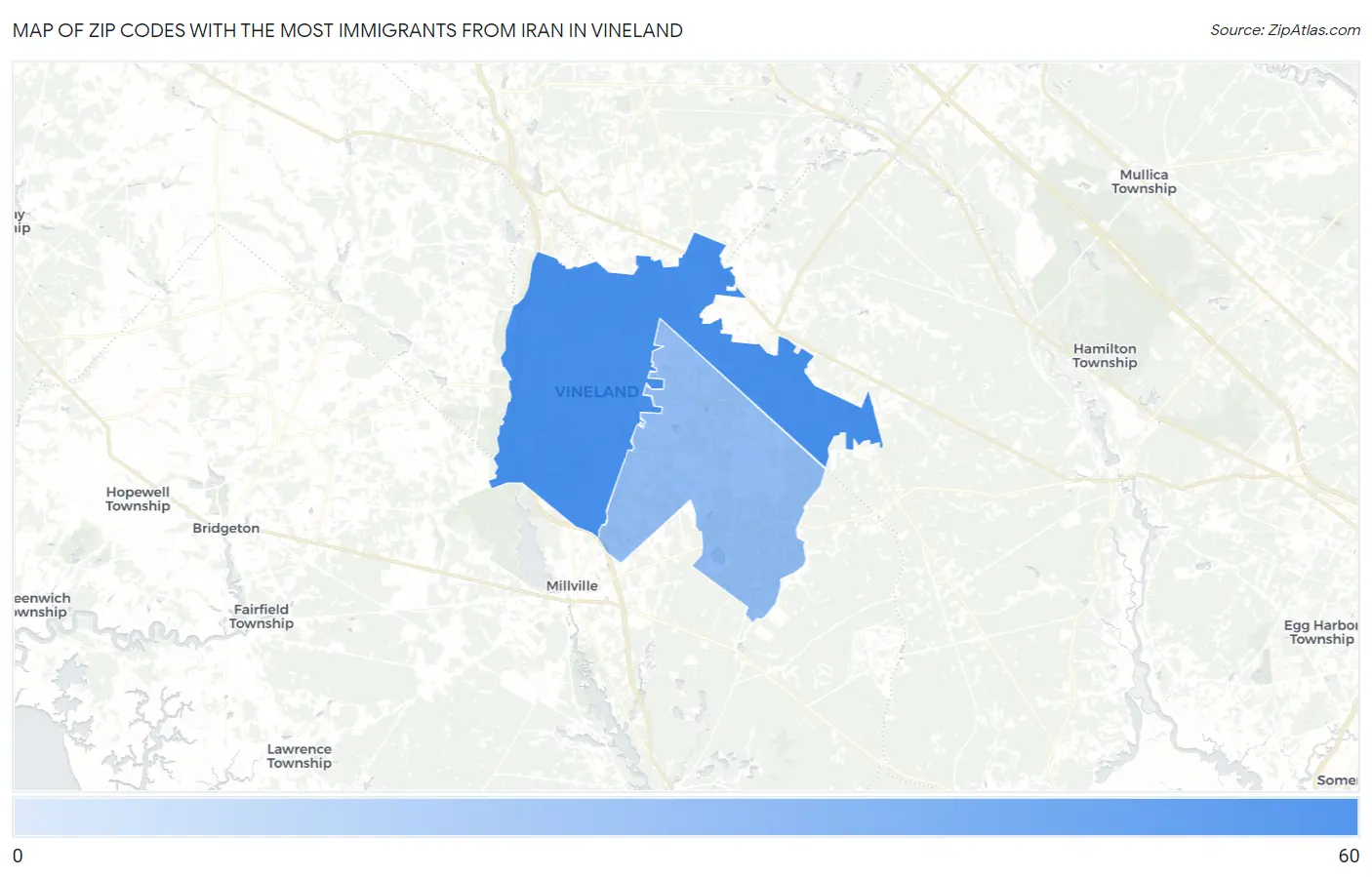 Zip Codes with the Most Immigrants from Iran in Vineland Map