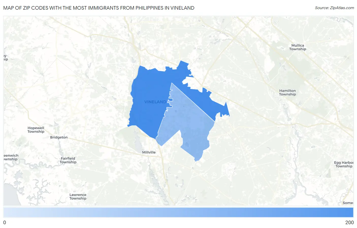 Zip Codes with the Most Immigrants from Philippines in Vineland Map
