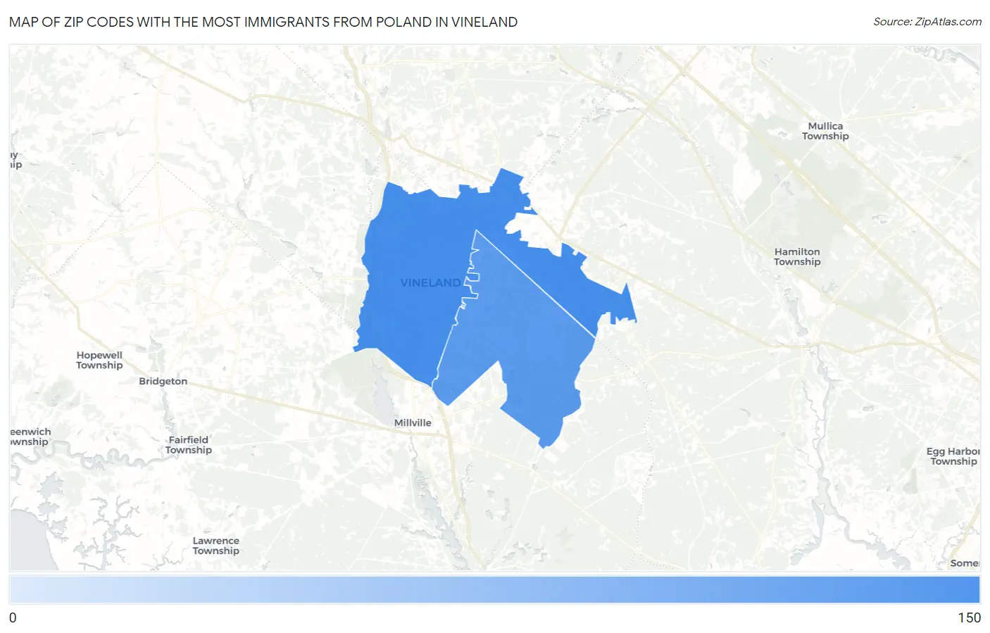 Zip Codes with the Most Immigrants from Poland in Vineland Map