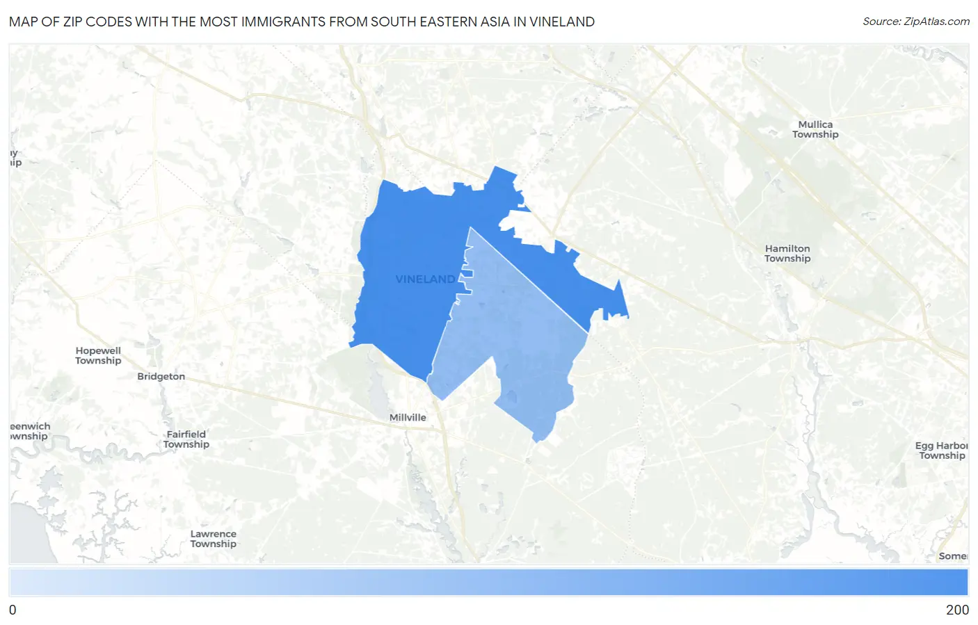 Zip Codes with the Most Immigrants from South Eastern Asia in Vineland Map