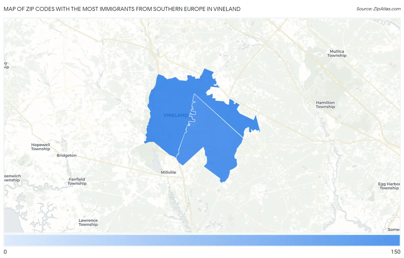 Zip Codes with the Most Immigrants from Southern Europe in Vineland Map