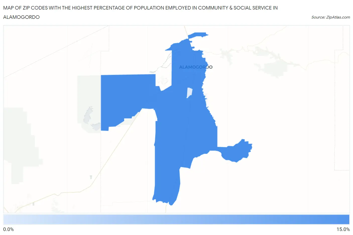 Zip Codes with the Highest Percentage of Population Employed in Community & Social Service  in Alamogordo Map