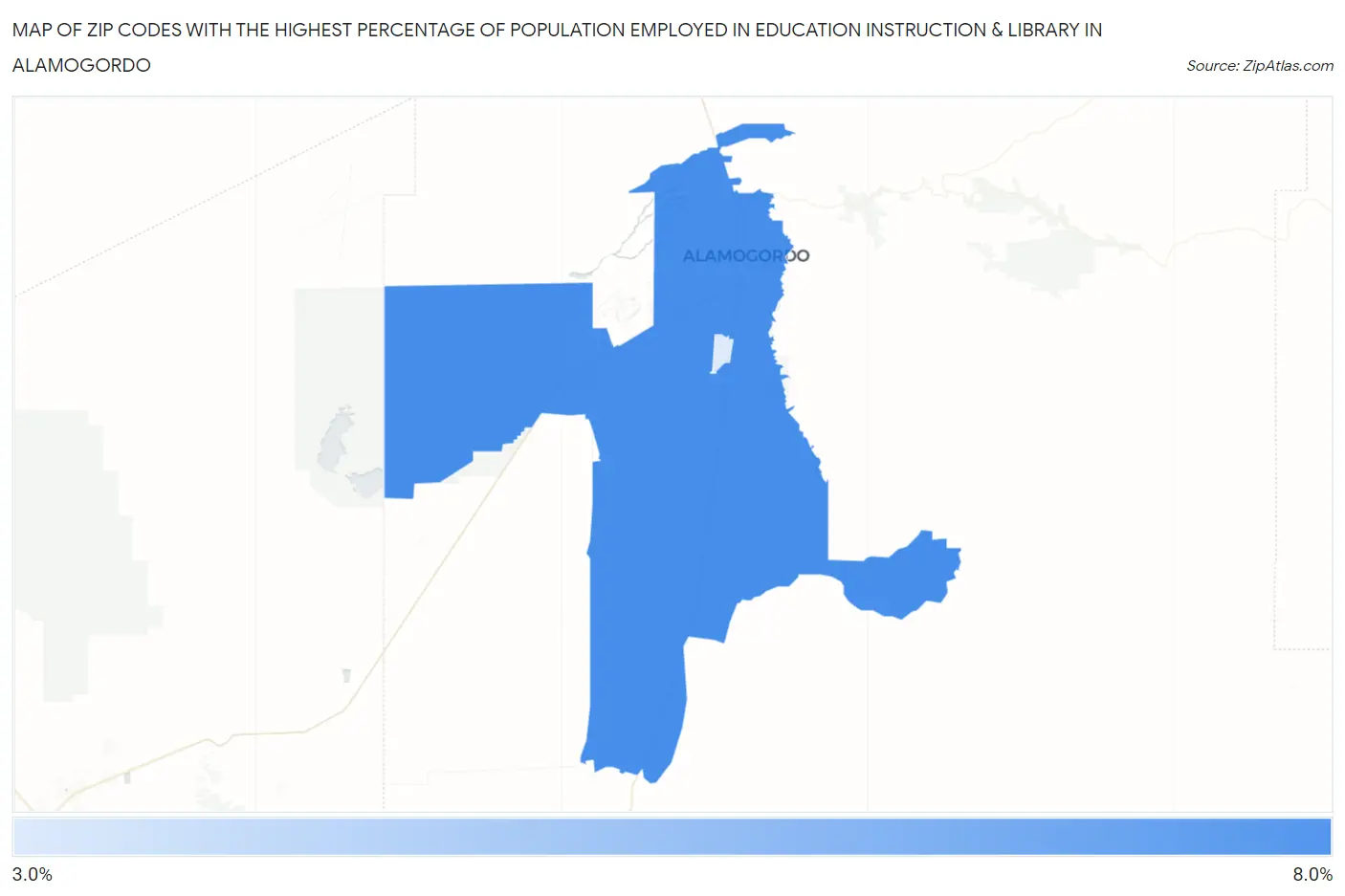 Zip Codes with the Highest Percentage of Population Employed in Education Instruction & Library in Alamogordo Map