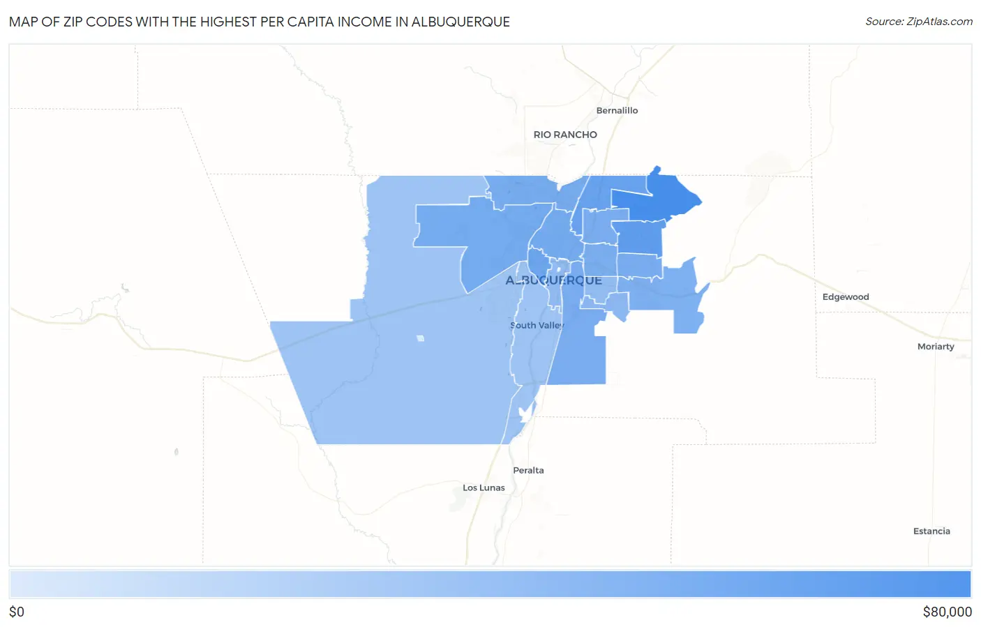 Zip Codes with the Highest Per Capita Income in Albuquerque Map