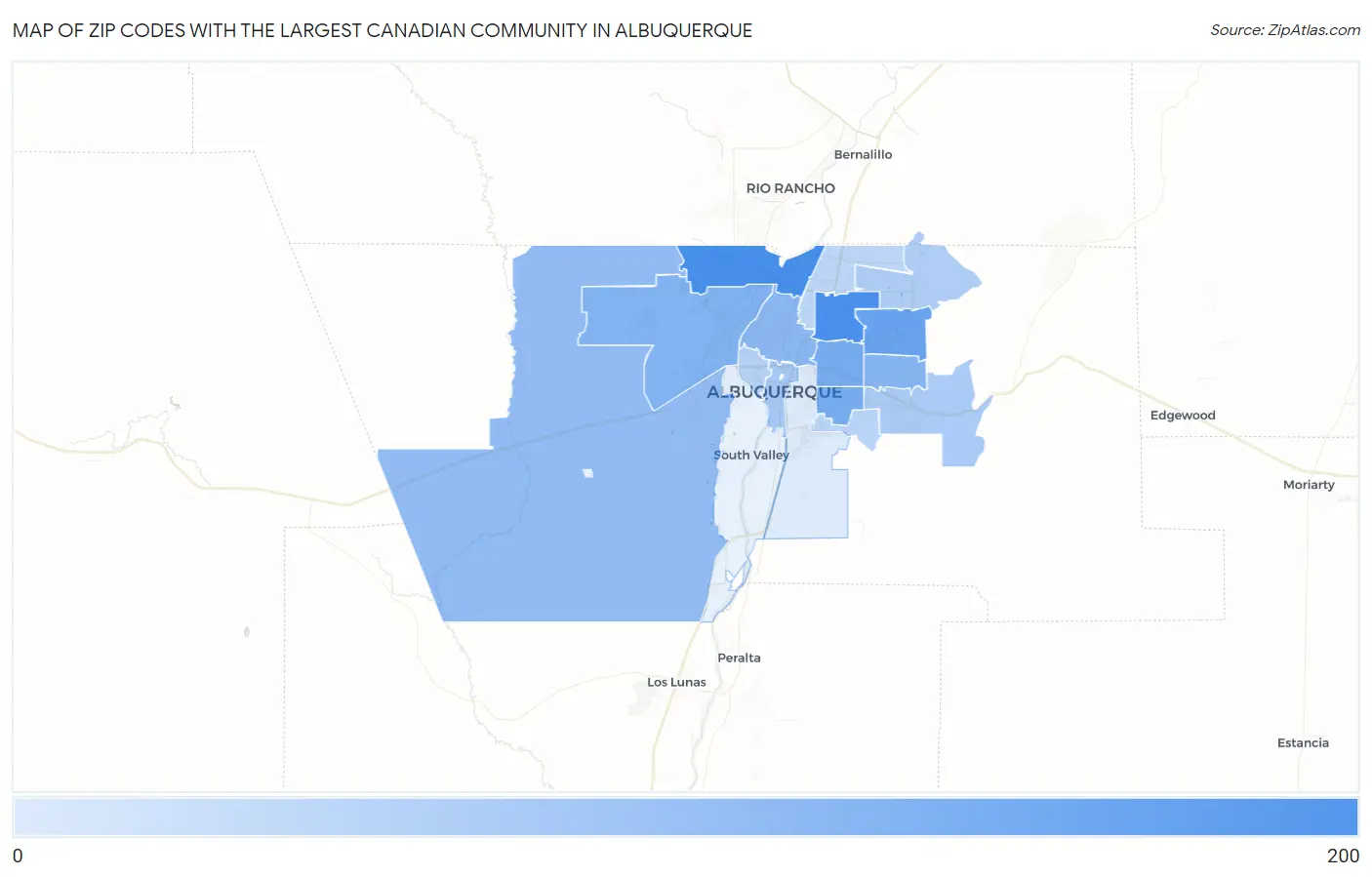 Zip Codes with the Largest Canadian Community in Albuquerque Map