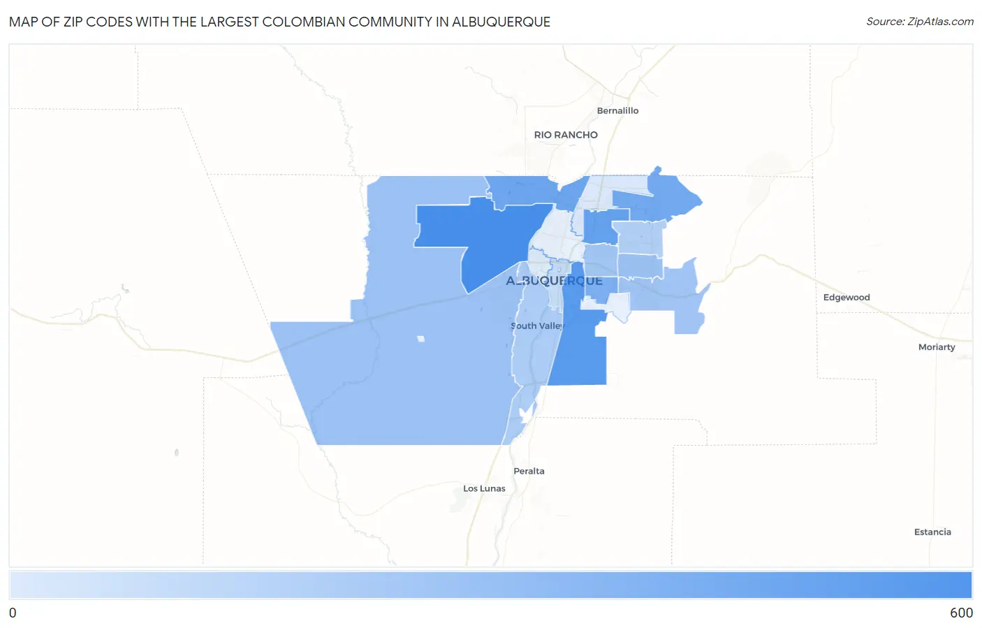 Zip Codes with the Largest Colombian Community in Albuquerque Map