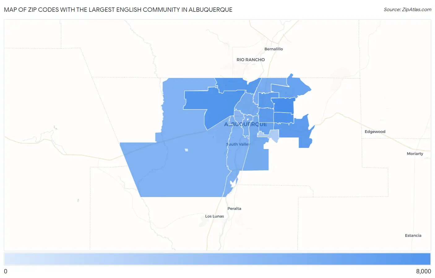 Zip Codes with the Largest English Community in Albuquerque Map