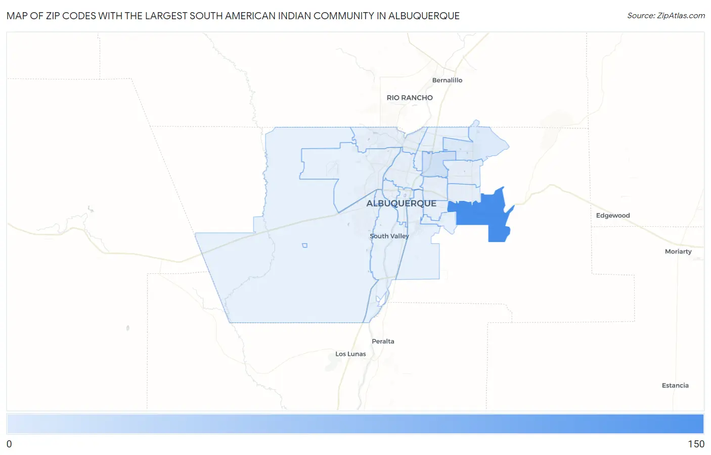 Zip Codes with the Largest South American Indian Community in Albuquerque Map