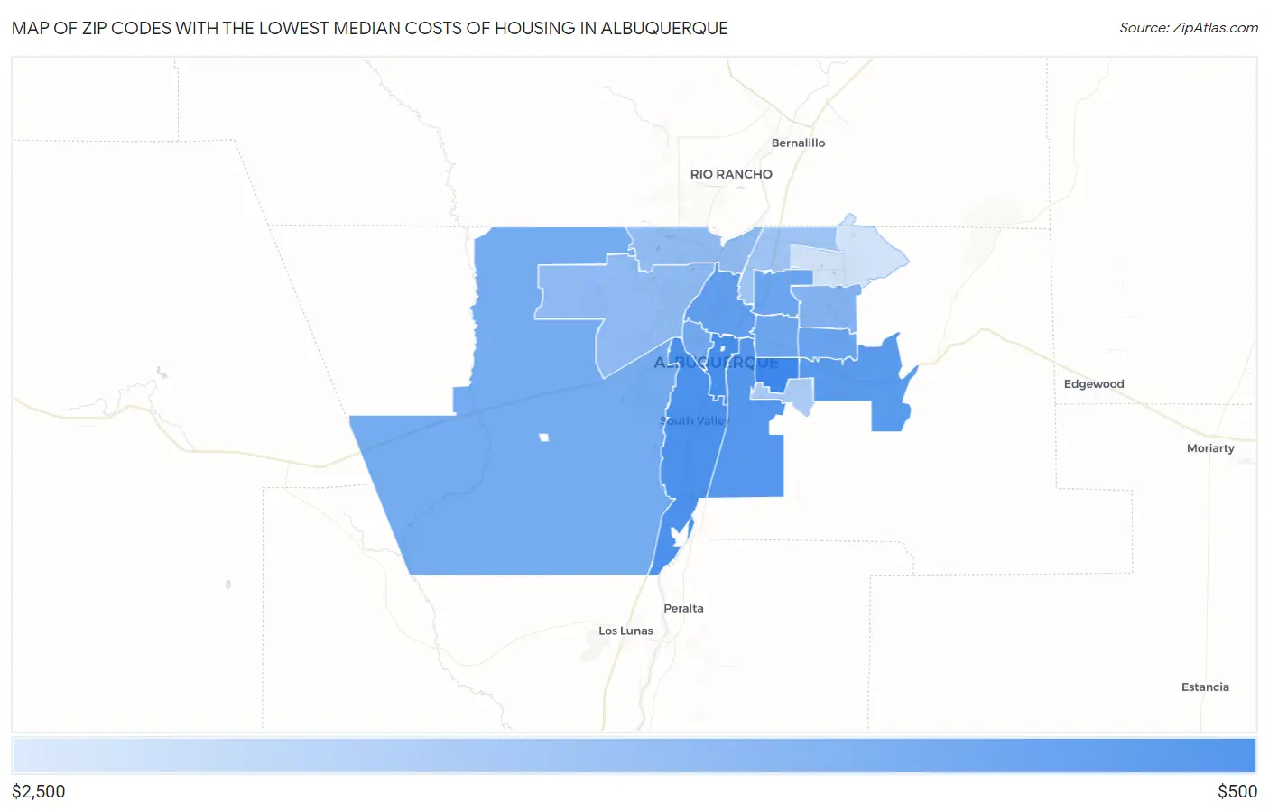 Zip Codes with the Lowest Median Costs of Housing in Albuquerque Map