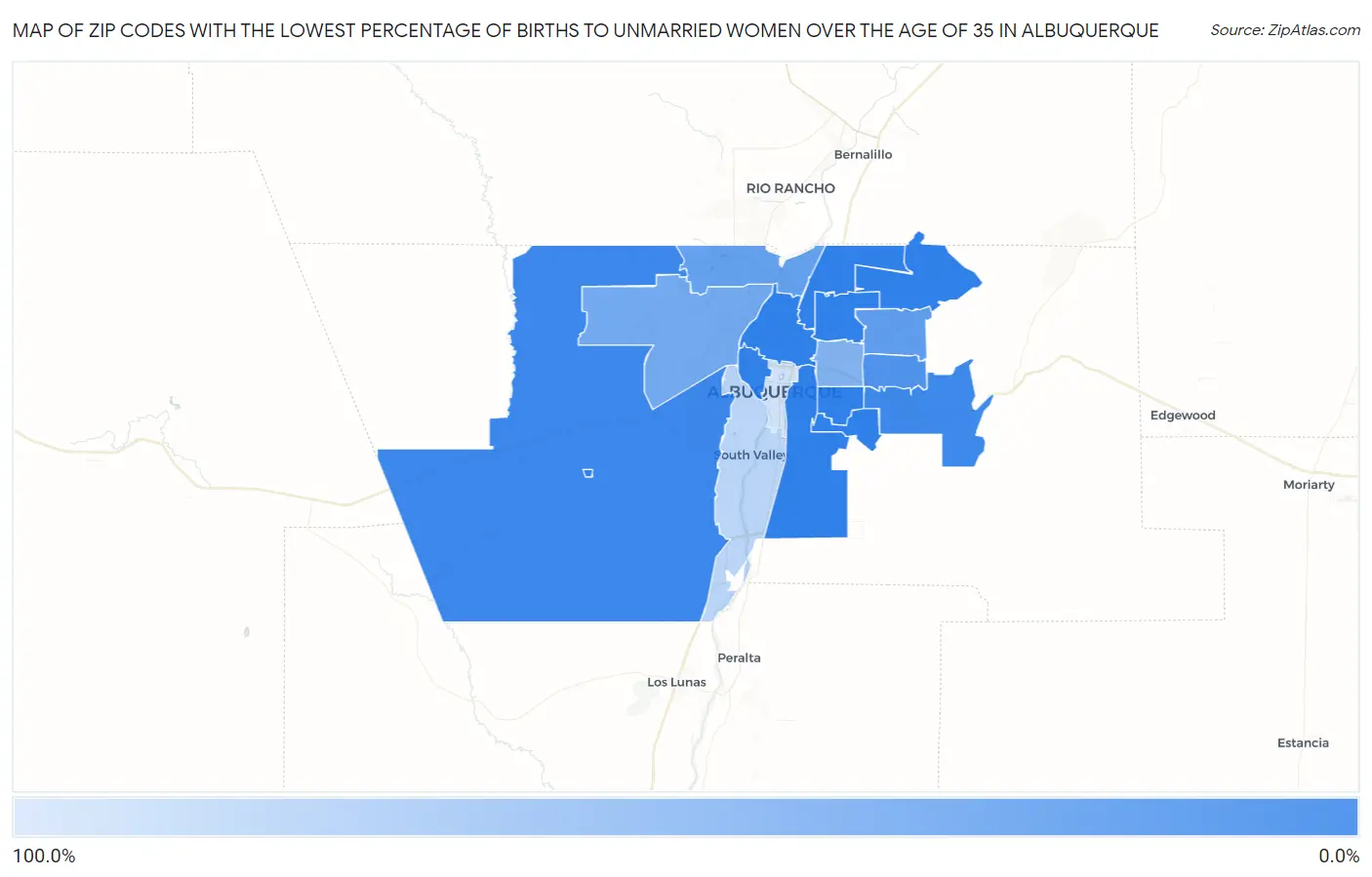 Zip Codes with the Lowest Percentage of Births to Unmarried Women over the Age of 35 in Albuquerque Map