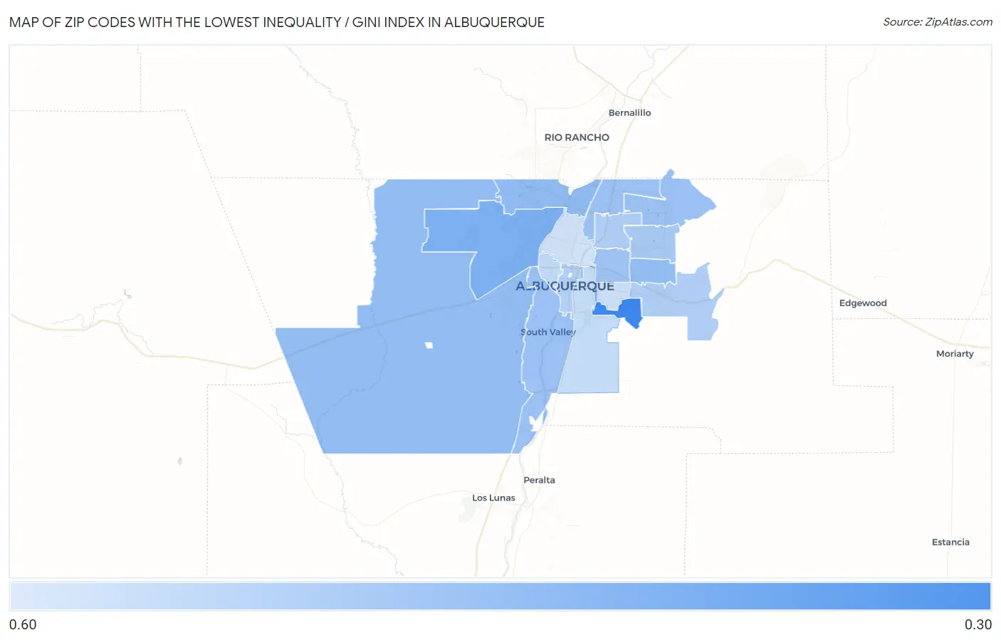 Zip Codes with the Lowest Inequality / Gini Index in Albuquerque Map